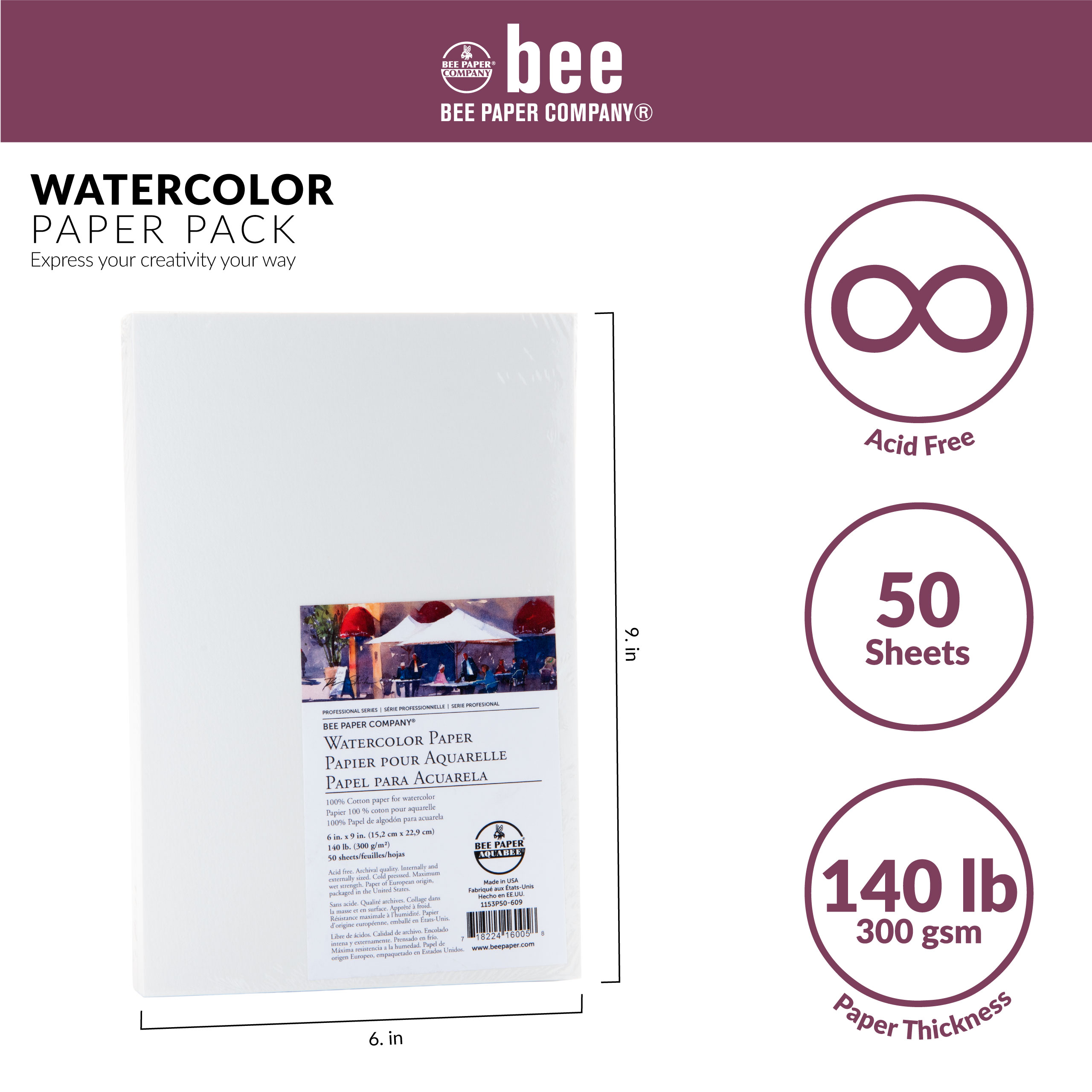 Bee Paper - 6x 9 100% Cotton Watercolor Sheets, 140lb 50PK